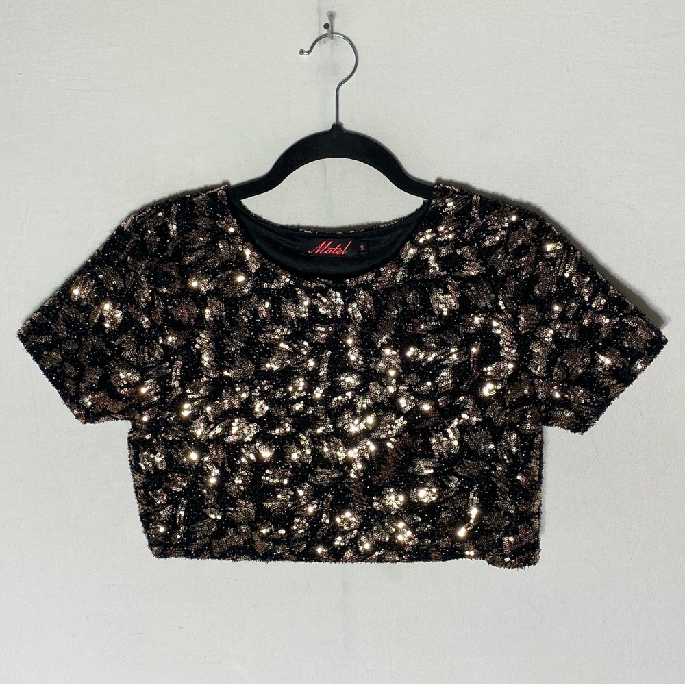 Motel Black & Gold Short Sequinned Short Sleeve Crop Top S